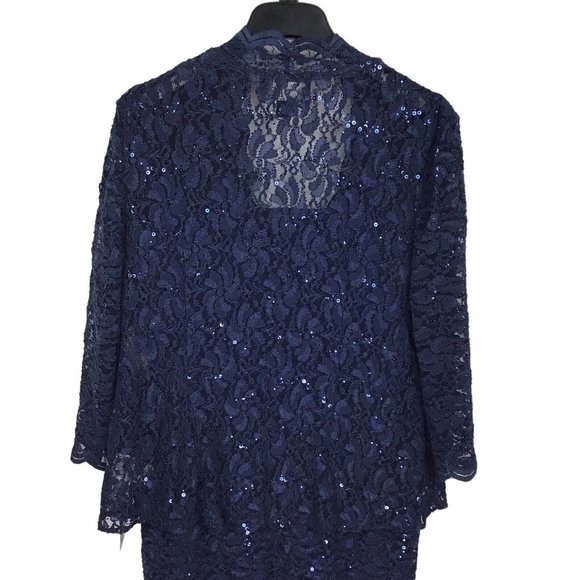 Alex Evenings Navy Blue Lace Sequin Cocktail Sheath Dress w/ Jacket Women's 16 - Picture 6 of 12